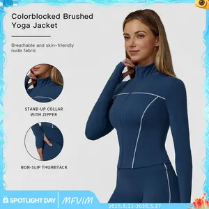 MFVIM Women's Blue Colorblocked Brushed Yoga Jacket - Lightweight Full-Zip Slim-Fit Activewear with Stand-Up Collar & Non-Slip Thumb Holes for Training Workout Running Outfits