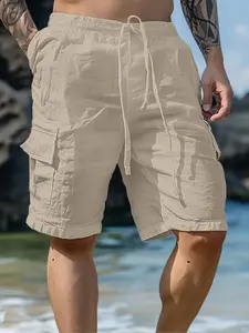 Men's Linen Solid Casual Cargo Shorts, Fashionable Summer Shorts, Raw Hem Shorts, 5" Inseam, Relaxed Fit Mid-Rise Straight Leg, Multi-Pocket, Elastic Drawstring Waist, Breathable Lightweight, Summer Daily Wear, Today's Clearance