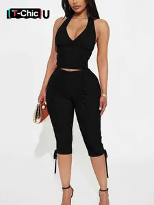 DOUCIU Trendy Street Style Sexy Tight Fit Crop Top and Capri Pants Two-Piece Set, Slim-Fitting Sleeveless Plain Halter Camisole for Women Womenswear