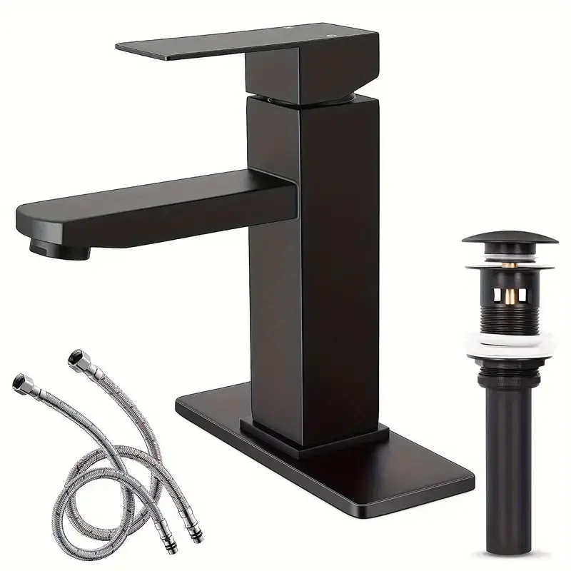 Matte Black Waterfall Bathroom Faucet - Single Handle Solid Brass Rustproof Metal Basin Tap with 6" Base Plate, Hose, 1/3 Hole Installation, Durable, Easy Operation, RV Compatible for Sinks
