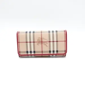Pre-owned BURBERRY check canvas with leather trim Small Leather Goods Beige Check Canvas Long Wallet T10436050