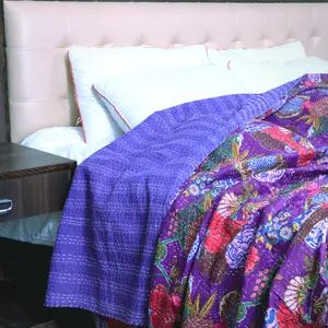 Kantha Quilt Set Bring Tropics Indoor Handmade Multiple Colors Twin Queen King Sets for Cozy Home Decor Vibrant Nature Inspired Versatile Sizes with Purple Floral Design