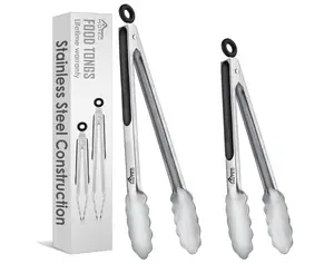 Hotec Stainless Steel Kitchen Tongs, Set of 2-9" and 12", Locking Metal Food Tongs for Cooking, Serving, BBQ, Grill Non-Slip Grip