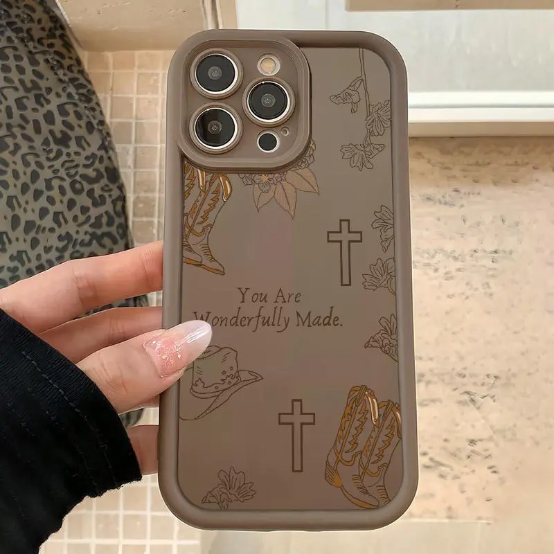 Western Cowboy Hat Cellphone Case - Brown Cross Slogan, Line, Flower Prints, Lightweight Dual-Layer Shock-Absorbent Durable TPU-Polycarbonate Full Coverage Precision Anti-Drop Casing for iPhone 11-17 Pro Max, Air, Plus | Cellphone Protection Accessories