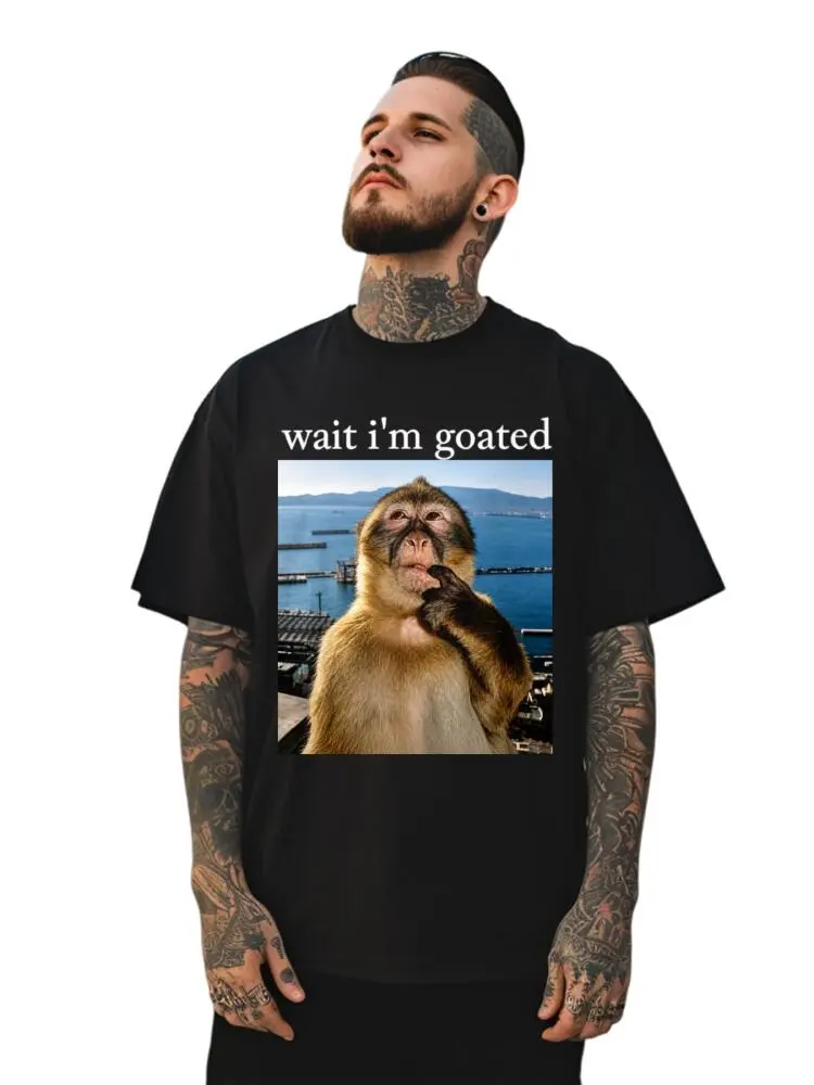 Graphic T-Shirt with Funny "Wait I'm Goated" Monkey Meme, Unisex Casual Streetwear Top in 100% Cotton, Shortsleeve, Loose, Menswear, Tshirt, Tee, Soft, Round Neck, Baggy