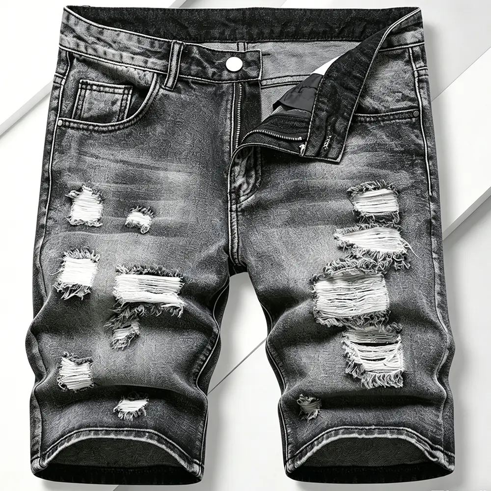 Men’s summer durable American-style black washed distressed denim shorts — comfortable yet trendy, slimming, fashionable and versatile; mid-rise button closure, knee-length; niche men’s denim shorts