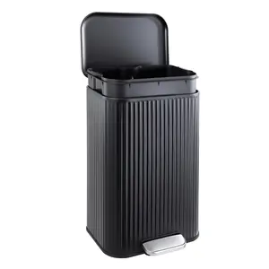 *42.8×35.5×62cm / 50L Black Stainless Steel Step Trash Can – Large Fingerprint-Proof, Soft-Close Lid, Removable Inner Bucket, Fluted Rectangular Design for Kitchen & Office Recycling Bin*
