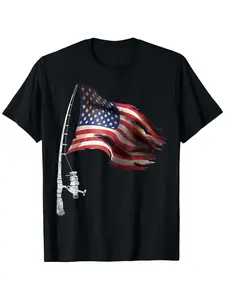 Patriotic Fishing American Flag Men's T-Shirt -100% Cotton Comfortable Round Neck Summer Top, Micro Elastic, S-XXXL, Ideal for Fourth of July and Outdoor Activities, Fishing Shirt, for students, skin-friendly softness, for young people