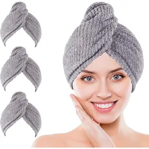 Microfiber Hair Towel Wrap - 3 Pack in Gray with Soft Hair Drying Towel, Curly Hair Turban Towel Set & Shower Cap for Women