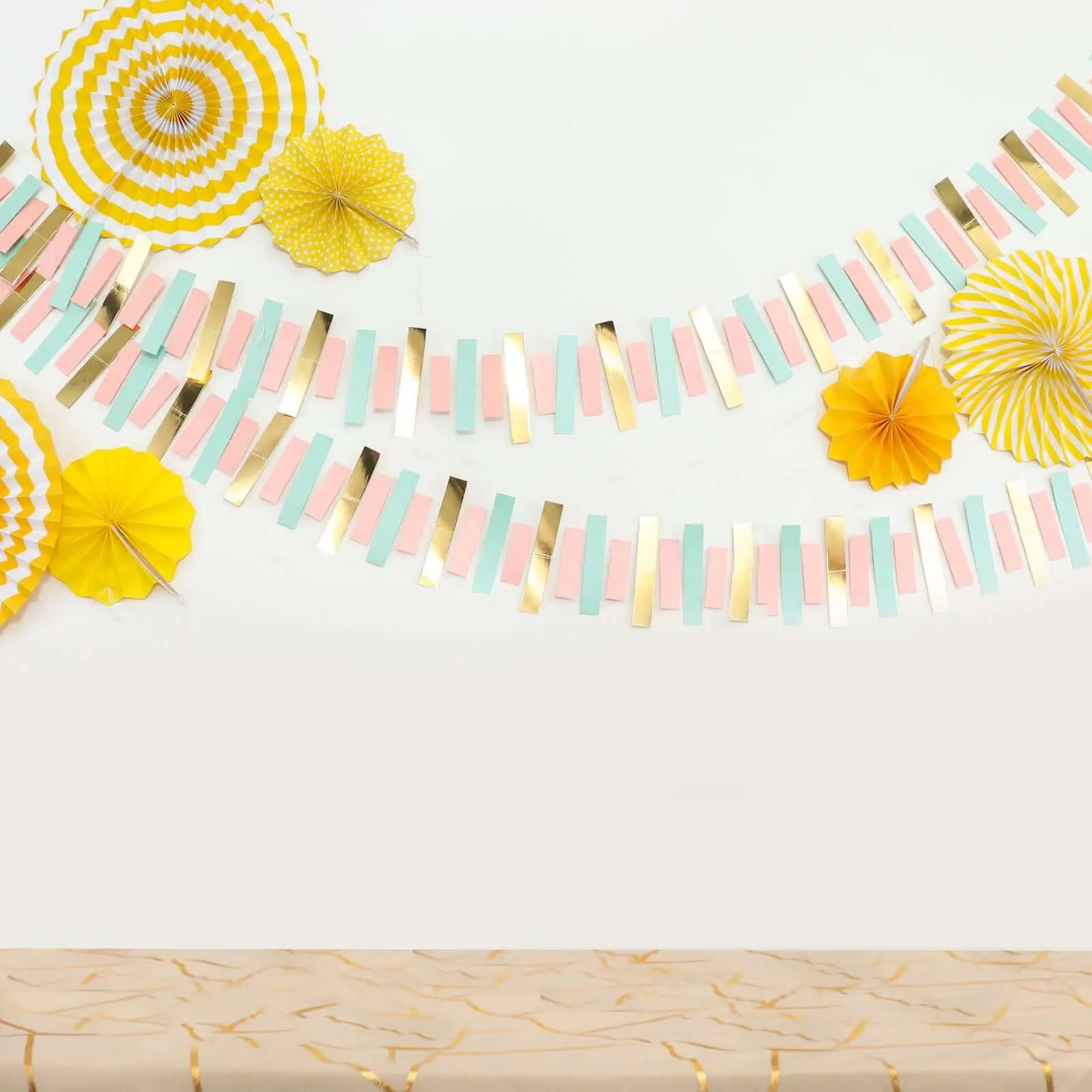 Gold, Blush and Turquoise Confetti-Like Paper Party Garland Streamer, Hanging Backdrop Decoration 6.5ft