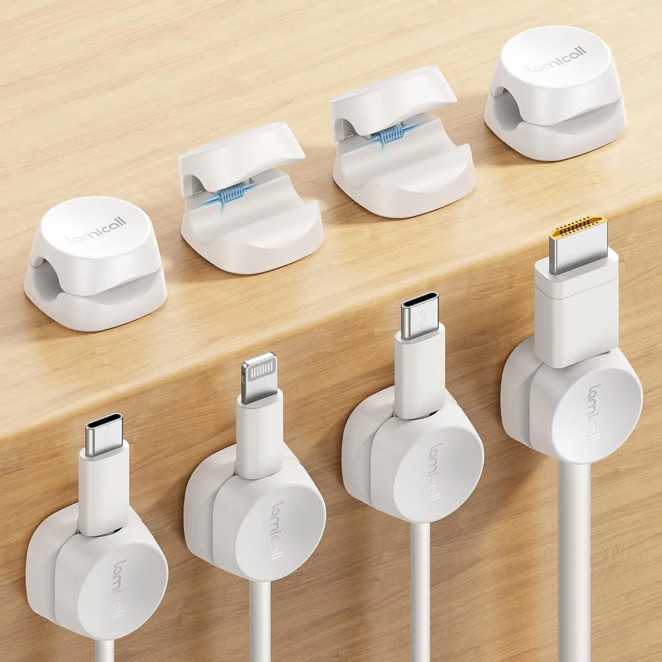 Lamicall 8 Pack Cord Organizer, [1s Lock] Spring Cable Management Clips - Adhesive Phone Cord Holder Clips for Nightstand Desk Car Office Home College Dorm Room, Desk Organizer Accessories