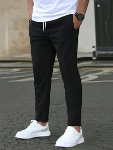 Men's Solid Color Plain Pocket Drawstring Waist Long Pants, Regular Fit Casual Comfy Elastic Waist Trousers for Daily Wear, Men's Bottoms for All Seasons, Pants for Men