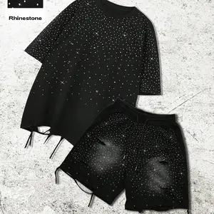 Men's Solid Color Casual T-Shirt and Shorts Set, Rhinestone Decor and Ripped Details, Fashion Streetwear for All Seasons
