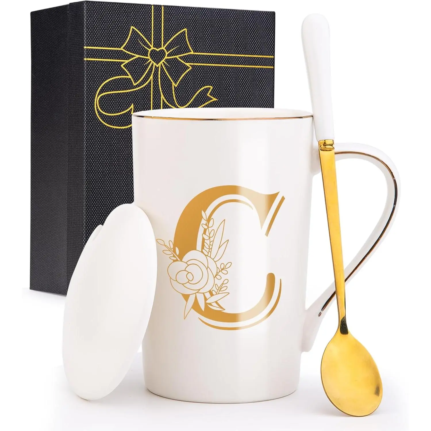 Letter C Personalized Initial Mugs with Flower, Letter C Personalized Coffee Mug, Customized Cool Letters Mugs for Women, Bridal Shower Gifts, Women's Initials Gifts Mug 14 OZ Matte White