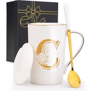 Letter C Personalized Initial Mugs with Flower, Letter C Personalized Coffee Mug, Customized Cool Letters Mugs for Women, Bridal Shower Gifts, Women's Initials Gifts Mug 14 OZ Matte White