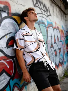 Men's White & Brown Abstract Line Print Home Loungewear 2-Piece Set - Short-Sleeve Lapel Button-Down Shirt + Elastic Drawstring Waist Black Shorts, Lightweight Breathable Fabric, Relaxed, Casual Style, Ideal for Lazy Weekend Lounging, At-Home Relaxation