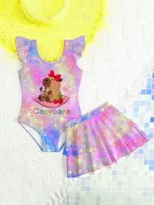 Girls' Cute Cartoon Capybara Print Swimsuit Set, Soft Comfortable Fabric, Perfect for Beach Vacation, 2-Piece for Kids