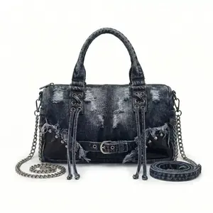 Live Retro Punk Raw Fray Edge Denim Doctor Bag Lace-Up Tassel Hardware Belt Buckle Detail Convertible Three-Way Carry Multi Pocket Stylish Oversized Barrel Messenger Tote For Alt & Y2K Fashion Lovers