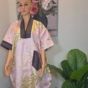 Damask Brocade Fabric with Pink V-Neck, Asoke Designs
