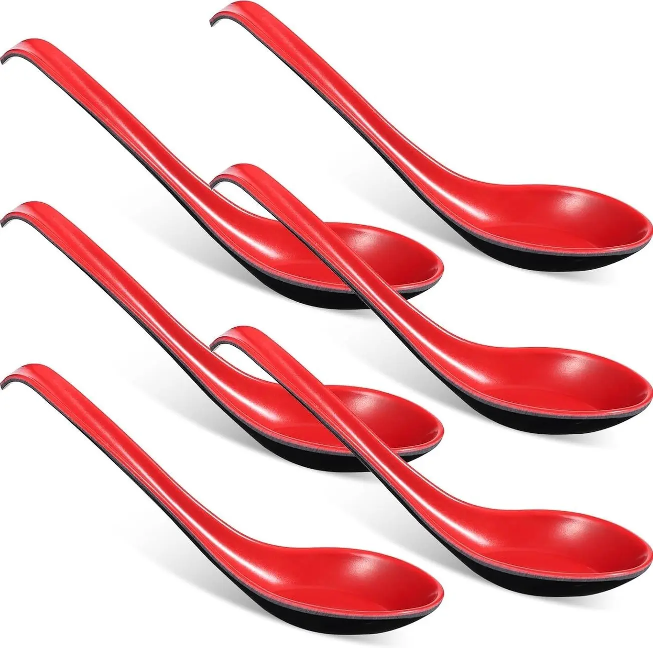 6 Pc Asian Soup Spoon Chinese Spoon Soup Spoon for Dinner | Long Handle Rice Spoon, with Notch Hook, Miso Ramen, Wonton Dumpling, Rice Noodle, Kitchen