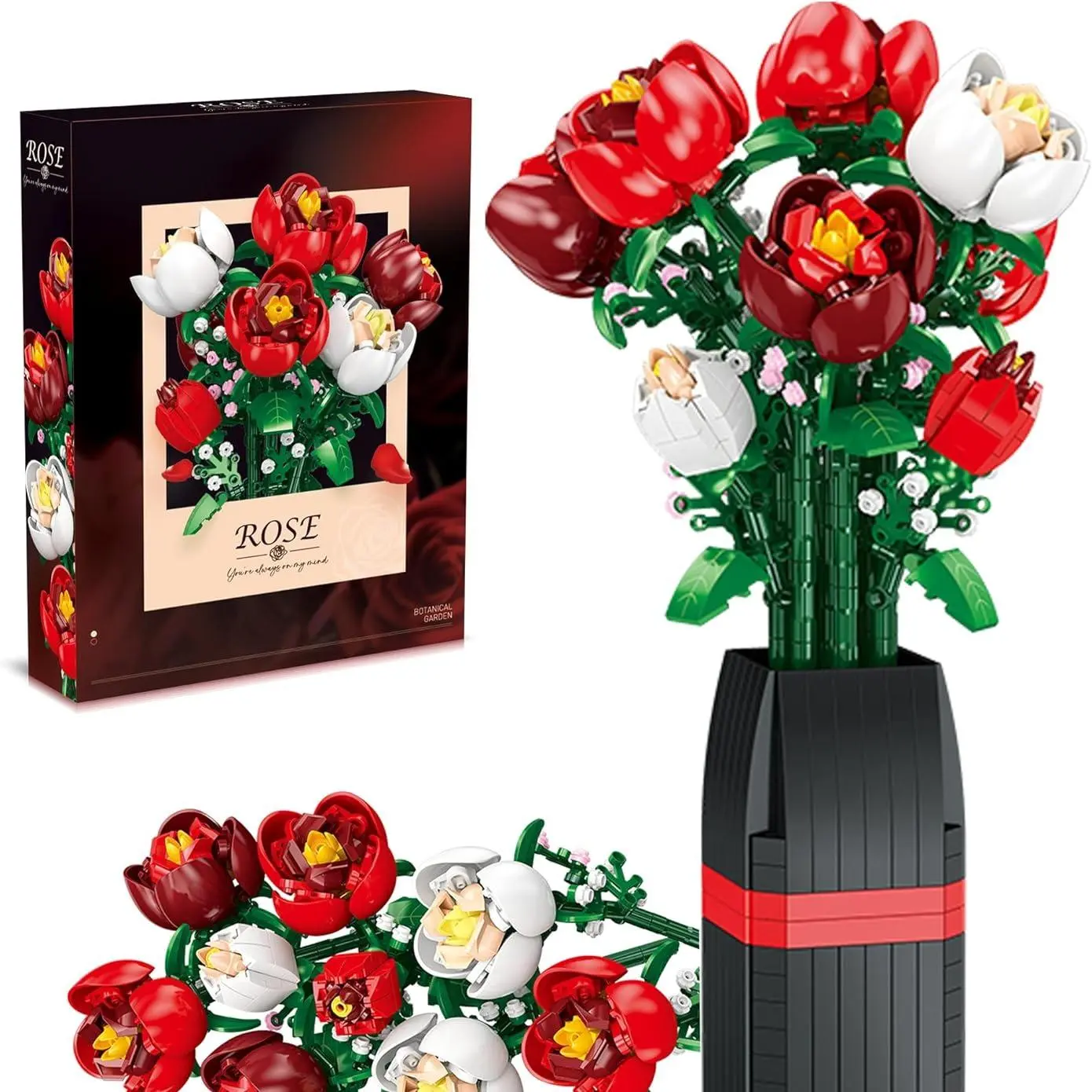 818-PCS Elegant Rose ABS Plastic Building Kit, DIY Crafts Decorative Bouquet Set with Vase, National Girlfriend Day Gifts for Craft Ideas Enthusiasts, Room, Boyfriend