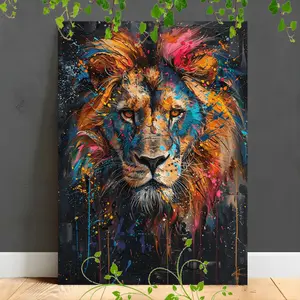 A Lion Canvas Wall Art with Colorful Smudge Design - Canvas Ready to Hang Wrapped Frame, Vivid Abstract Art, Suitable for Home Office Bedroom Decoration, Perfect Gift for Modern Living Space, 2D Flat, Suitable for Room Decoration