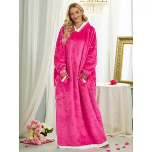 ��Plus Size�� Solid Color Fuzzy Lounge Robe, Casual Long Sleeve Hooded Pocket Design Bathrobe, Women's Sleepwear for Fall & Winter