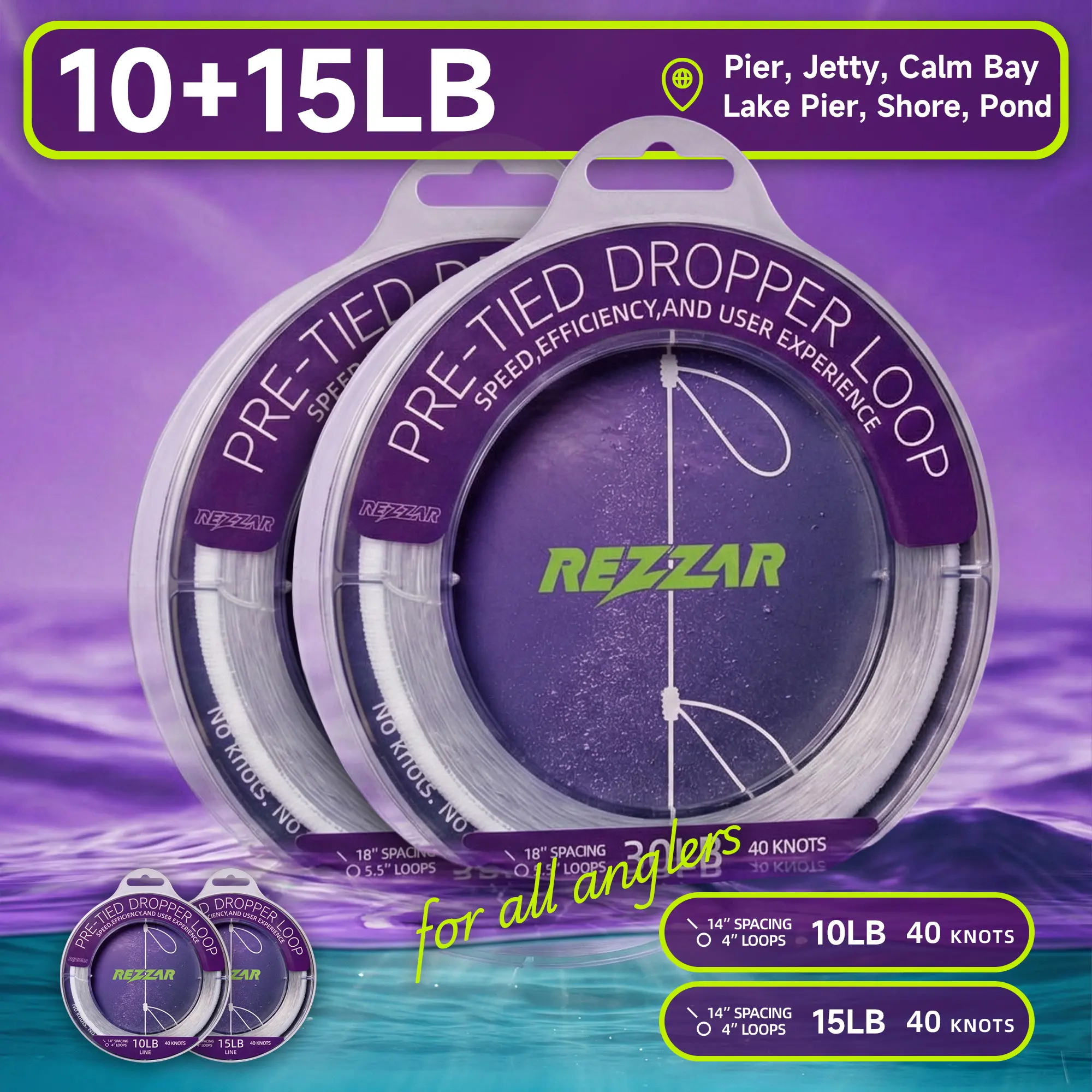 REZZAR Pre-Tied Dropper Loop Rig - 40-Knot Monofilament Portable Spool, 10/15 LB Test, 14-18" Spacing, Quick Setup Compact Design, Hassle-Free for Whiting, Croaker, Catfish - Saltwater/Freshwater Pier Bottom Fishing, Zero Hassle