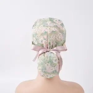 Pastel Flowers Ponytail Scrub Cap: Cotton Scrub Hat with Buttons & Sweatband, Green Pink Flower
