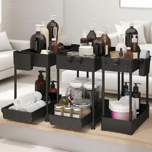 2-Tier Sliding Drawer Organizer, Under Sink Storage Solution for Kitchen and Bathroom, Multi-Use Cabinet Shelf with Adjustable Dividers, Space-Saving Bathroom Organizer (Black, 12.8 Inch)