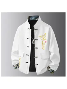 1 PC Men's Fall/Winter Fashion Slim and Tapered Collared Shirt with Chinese Character Auspicious Pattern Embroidery, New Chinese Style Sleeve and Collar Print Design, Long-Sleeved Coat, Comfortable, With Drawstring and Pockets