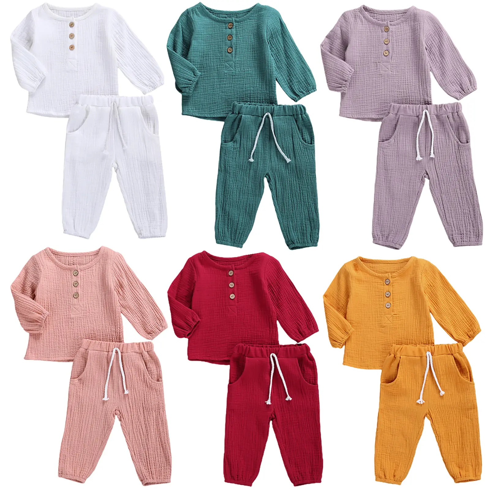 Toddler Baby Boy Girl Cotton Linen Pants Set Solid Long Sleeve T Shirt Top Drawstring Elastic Waist Pants Outfit