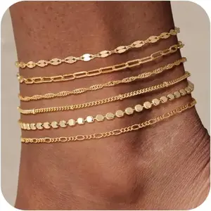 Waterproof Ankle Bracelets For Women 6PCS Thiny Herringbone Box Paperclip Bead Figaro Cuban Link Anklet Set Dainty Jewelry For Women Cute Summer Beach Jewelry Chains Beaded anklet Layers Textured