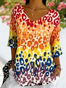 Fashion Colorful Gradient Leopard Print T-shirt Plus Size Casual 3/4 Sleeve V-Neck Loose Fit Top, Lightweight Breathable Fabric, Y2K Clothes Summer Daily Wear, Trendy Bohemian Shirts, Comfortable Relaxed Fit Casual T-shirt