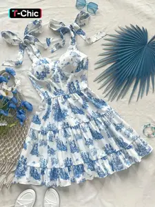 Women's Ditsy Floral Print Tie Shoulder Cami Dress, Elegant Casual Ruffle Trim Sleeveless A Line Dress for Summer, Ladies Clothes for Beach Holiday, Boho Sleeveless Dress