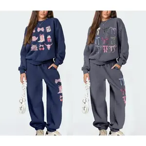 Women Sweatshirt Set Bow Print Long Sleeve Pullover Long Sweatpants with Pockets 2 Piece Outfit