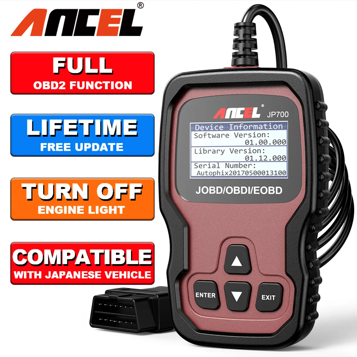 ANCEL JP700 JOBD OBD2 Japanese Car Scanner - Shockproof JDM Code Reader with Full OBD2 Function, 90cm OBD Cable, Plug-and-Play Code Reading for DIY Enthusiasts, Checks Engine Light for Toyota Nissan Honda Mazda Subaru