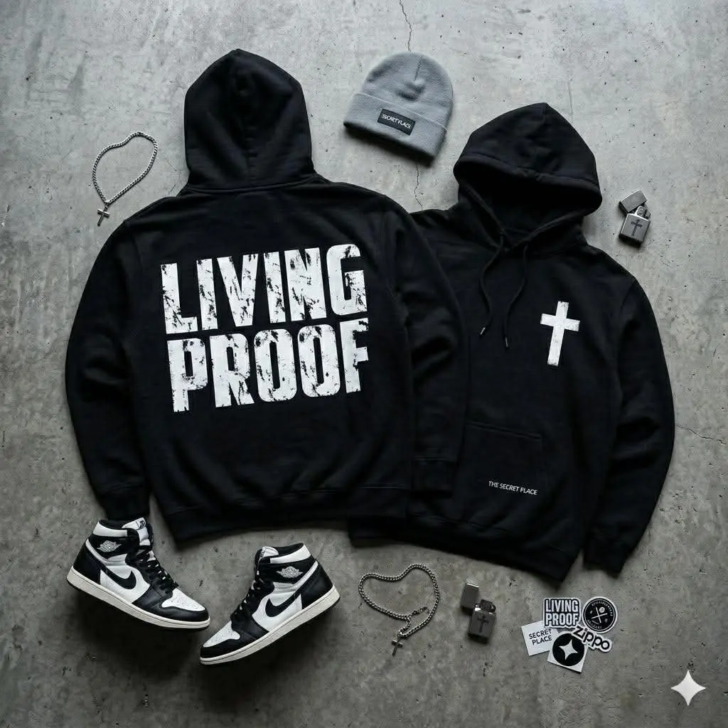 “Living Proof” Cross Hoodie | Christian Streetwear Pullover | Faith-Based Graphic Hoodie