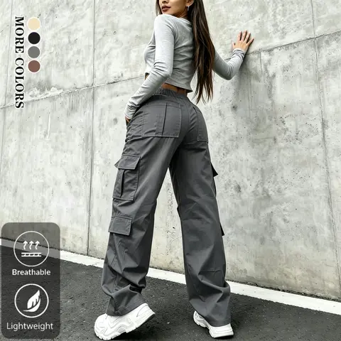 Women's Elegant Cargo Pants - Elastic Waist, Loose Casual Fit, Multiple Pockets, 2000s Style, Breathable All-Seasons Urban Everyday Women's Bottoms