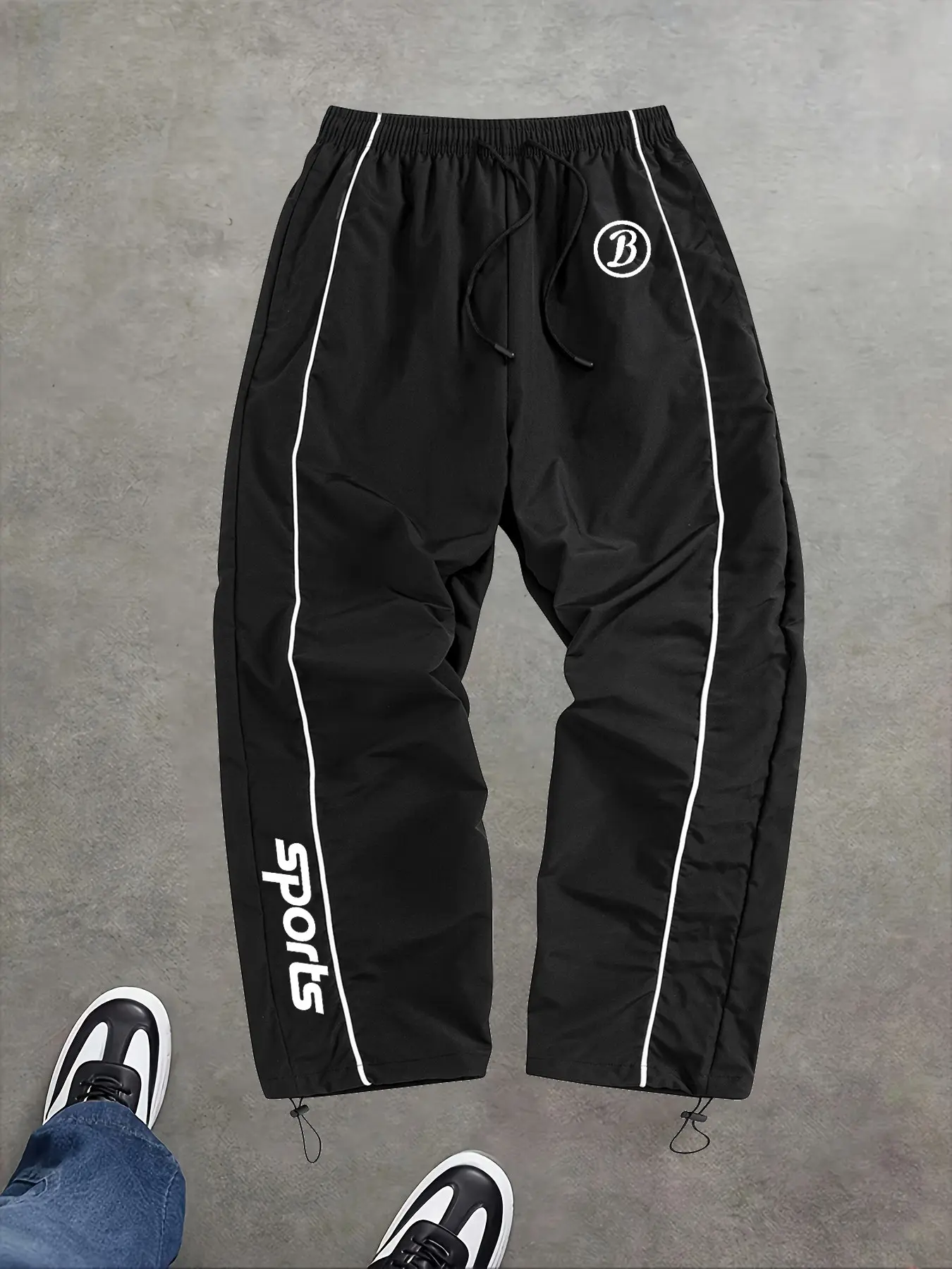 Men's Sportswear Casual Long Pants, Printed Running Trousers, Woven Fabric, Drawstring Design, drawstring waist athleisure, Striped Patchwork, Straight Leg Fit, Drawstring Gym Pants