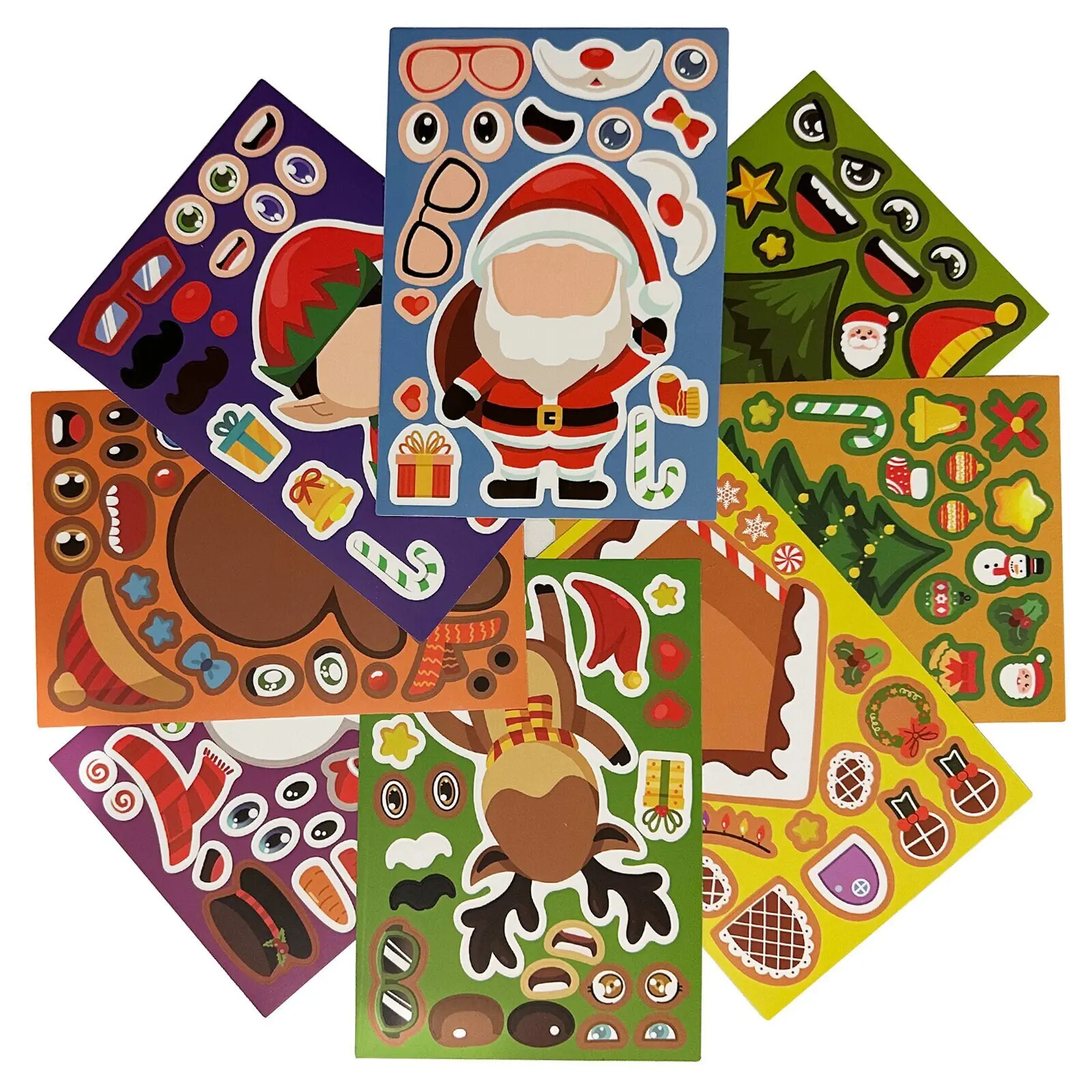 Christmas Make A Face Stickers, 8 Sheets Make Your Own Santa Reindeer Elf Gingerbread Man Mix and Match Sticker Sheets