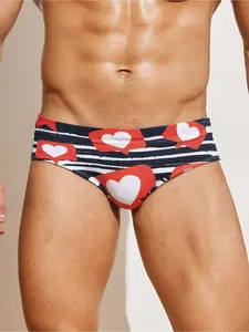 Men's black and red heart print quick-dry triangle swim trunks, men's high-elastic swimwear, summer beach swimming sports shorts, Activewear