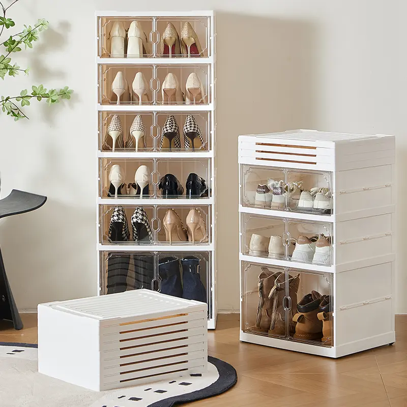 7CODE 9-Tier Folding Shoe Rack with Magnetic Transparent Door, Holds 18 Pairs Sneakers Boots Heels, Stackable Sturdy Plastic Tall Narrow Shoe Cabinet Organizer, Space-Saving Clear Storage for Entryway Closet Hallway Dorm, No Assembly
