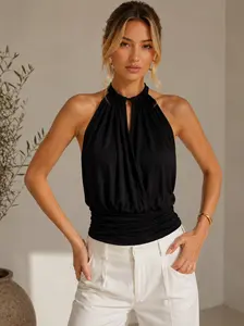 Elengatine Women Trendy Halter Neck Sleeveless Top, Casual Black Draped Front Vest with Ruched Waist, Modern Retro Style One Piece, Comfortable Breathable Summer Streetwear, Stylish Figure-Hugging Top for Music Festivals ！