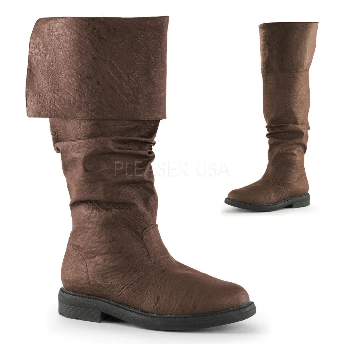 Men's Brown Renaissance Boots, Classic Knee-High Pirate Costume Footwear with a Cuffed Top, Flat Heel, and Inside Zip Closure, Medieval Pirate, Retro