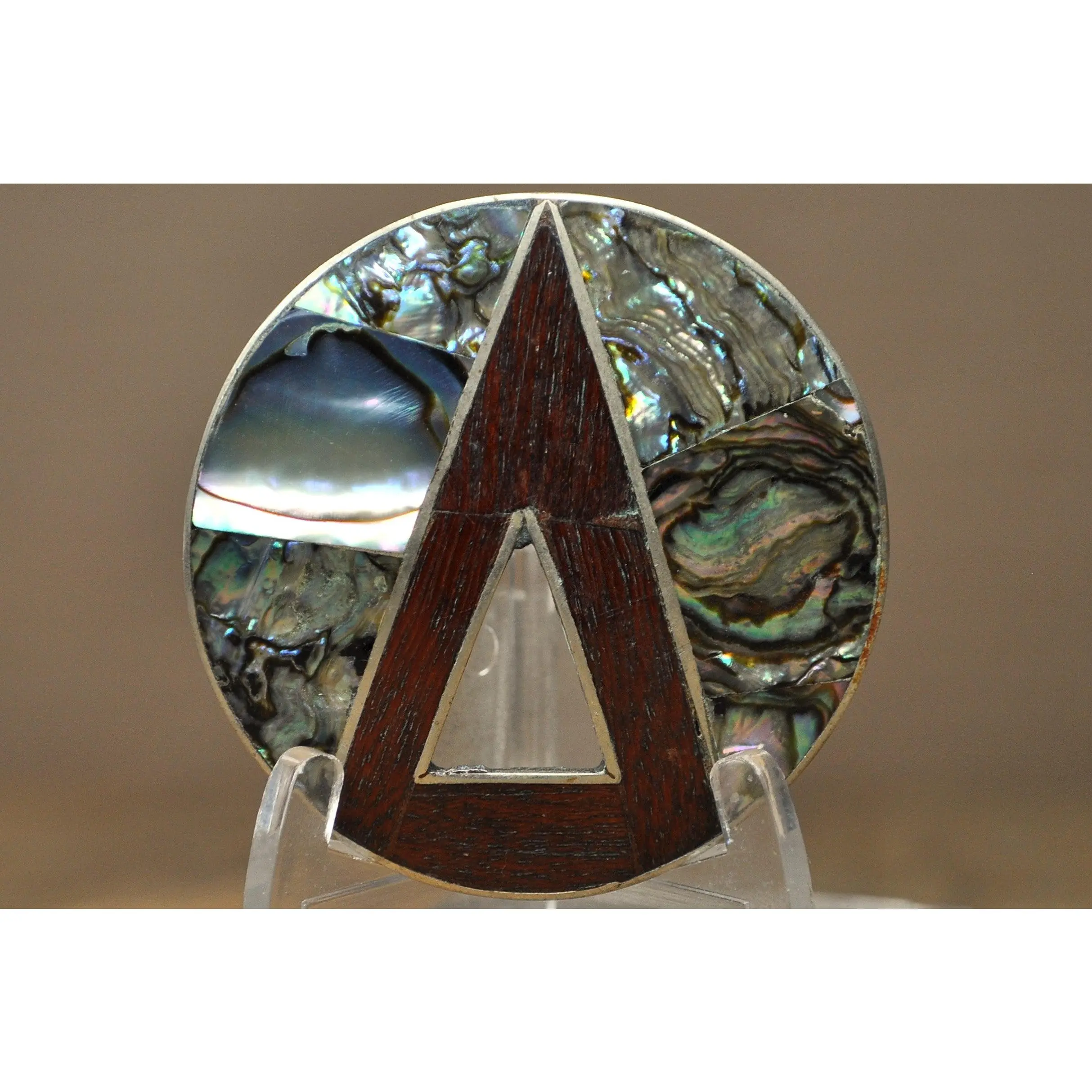 Taxco Style Mosaic Abalone & Wood Inlay Circular Statement Pin - Iridescent Abalone & Wood Triangle Inlay Silver Brooch