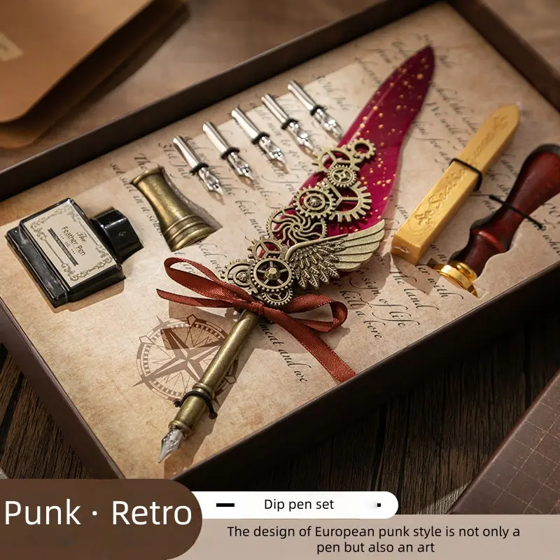 Oulun Vintage Feather Pen Set, Harry Ink Dip Pen for Men & Women, Birthday Gift Mechanical Punk Pen Kit, Unique Writing Instrument, Art Pen, Unique Pens
