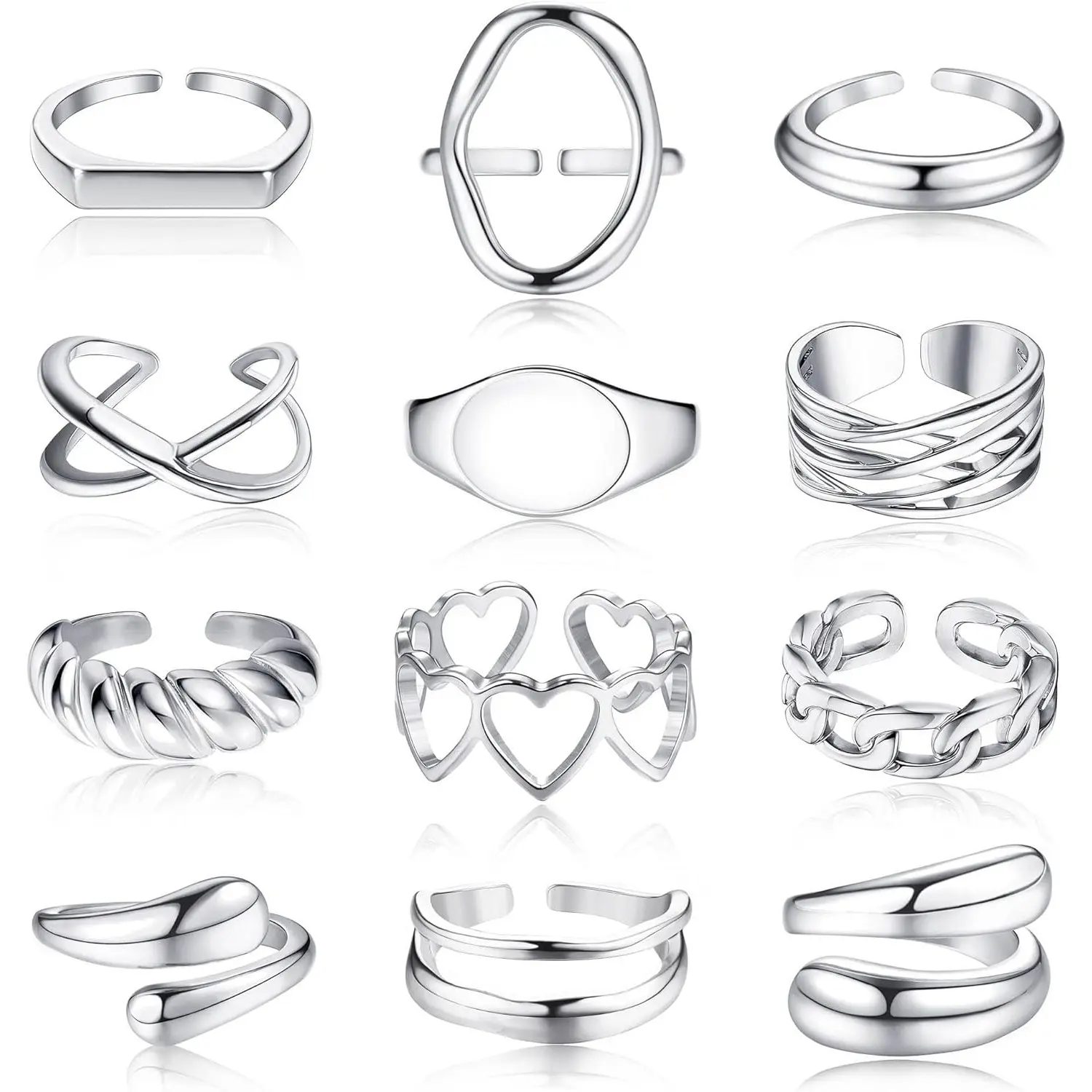 12 Pairs Silvery Rings Set