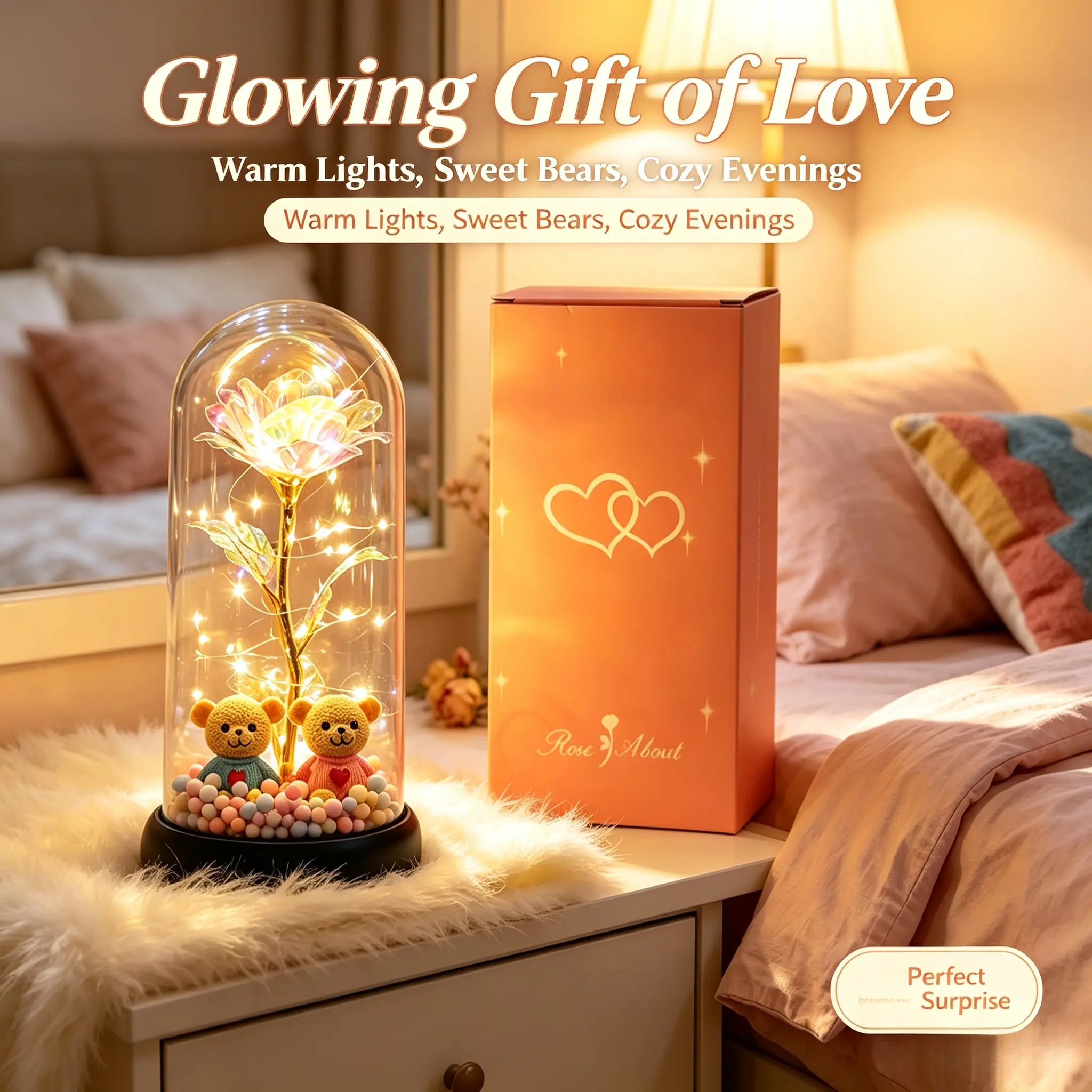 Galaxy Rose Glass Dome Night Light - LED Color-Changing Sleep Aid, Battery-Powered Glass & Knit Desktop Lamp with 2 Knitted Couple Teddy Bears, Preserved Rose Starlit Effect LED Glow Lights for Romantic Theme Indoor Use Valentine's Day Anniversary Gift