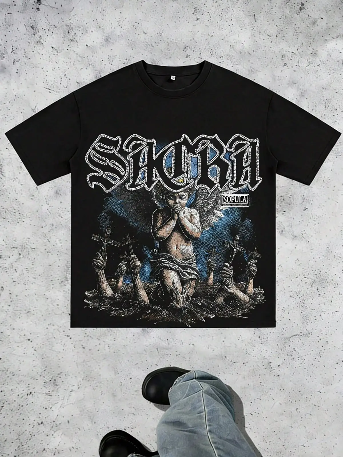 Y2K Gothic Streetwear Heavyweight Graphic T-Shirt Sacra Cherub Angel Dark Fantasy 100% Premium Cotton Crewneck Tee Perfect Retro Grunge Gift for Men Women